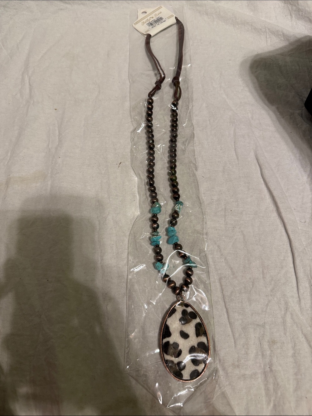 Leopard Teardrop Pendant Necklace with Turquoise Accents - Brown
